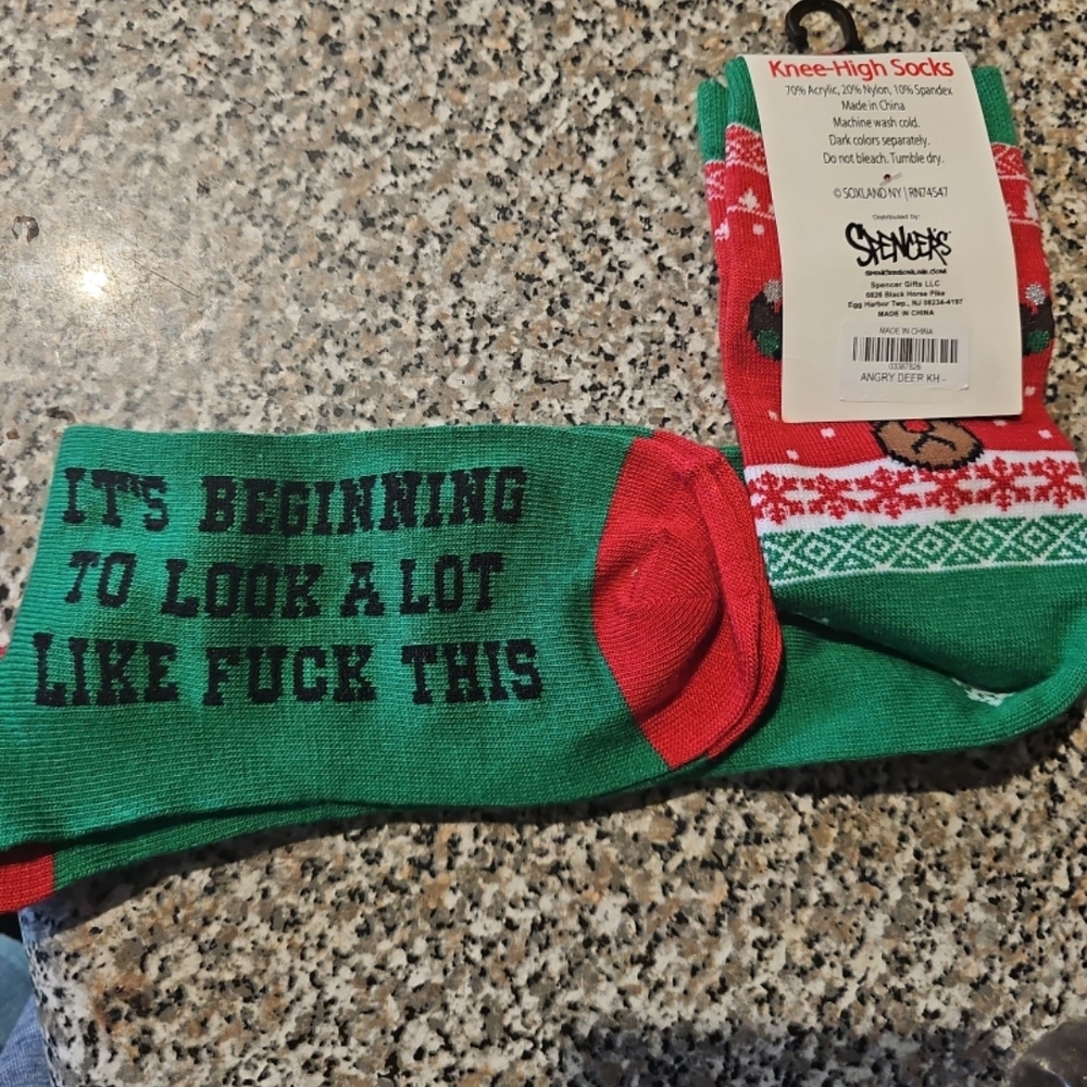 Spencer's Festive Green and Red Funny Christmas Knee-High Socks